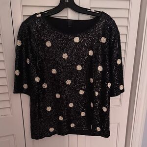 J. Crew Black Sequin Blouse with White Accents